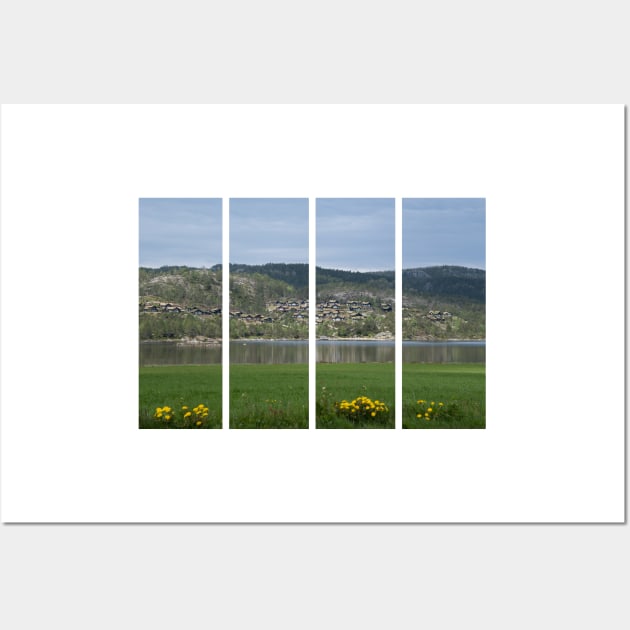 Wonderful landscapes in Norway. Vestland. Beautiful scenery of wooden cabins with grass on the roof, reflecting in the lake in a sunny summer day. Yellow flowers in foreground Wall Art by fabbroni-art